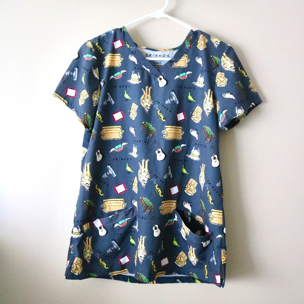 FRIENDS Nurse Scrub Shirt Top by Issac Morris Short Sleeve Women's Small